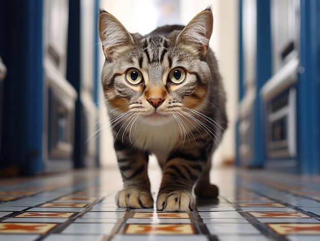 Photo cat sneaking on floor domestic cat hunts and plays