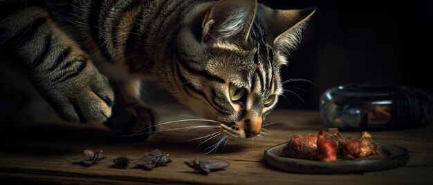 Cat sniffing food Suspicious kitten sniffing fish on the table Generated AI