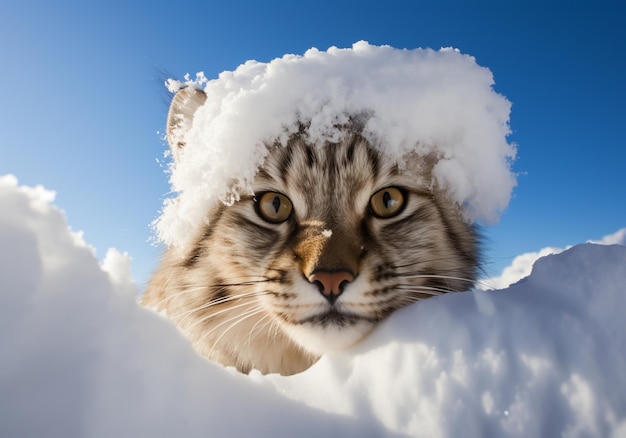 Cat on the snowy ground looking at us AI generated