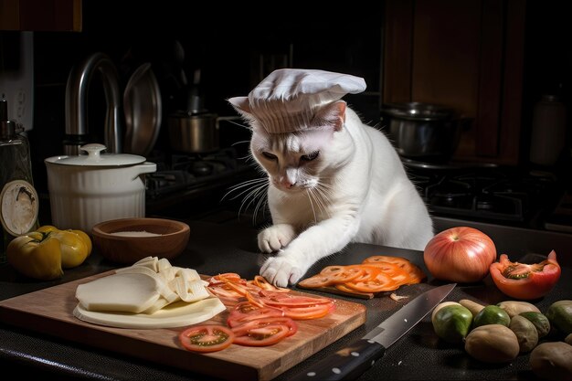 Cat souschef slicing dicing and chopping ingredients for delectable meal created with generative ai