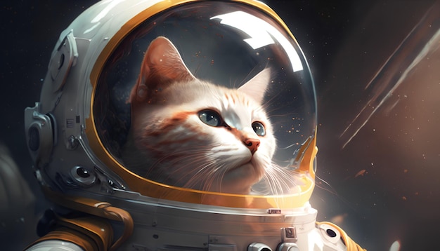 A cat in a space suit looks at a mouse