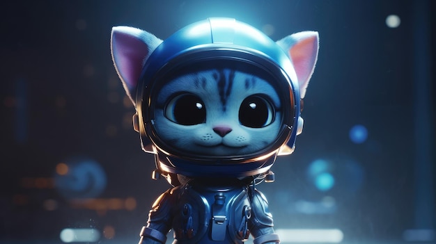 青いヘルメットをかぶった宇宙服を着た猫。