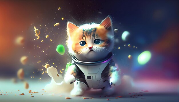 A cat in a space suit with a rainbow colored egg on the top.