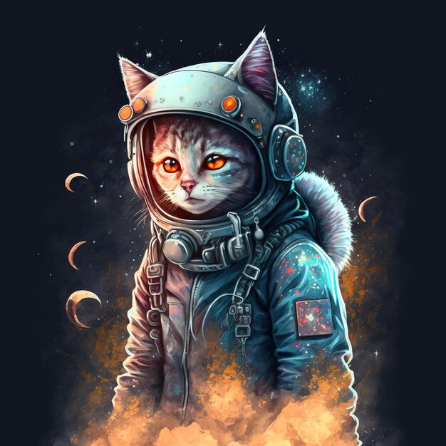 正面に星が付いた宇宙服を着た猫。