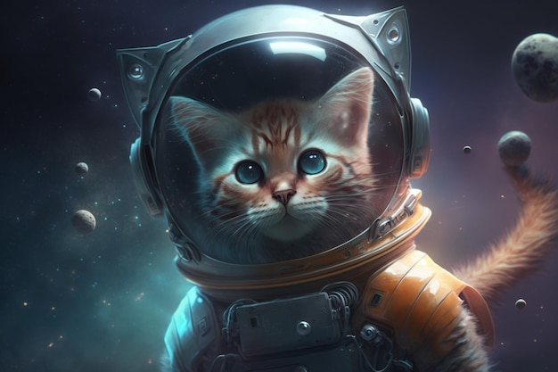 A cat in a spacesuit with a planet in the background.