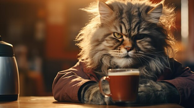 Cat spends her mornings in a cafe enjoying a refreshment coffee sunny day generative ai