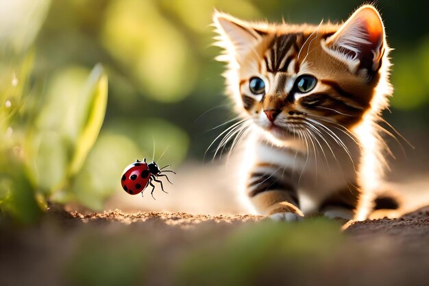 A cat and a spider are on the ground