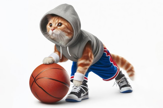 Photo a cat in sport play basketball clothes isolated on solid white background ai generative