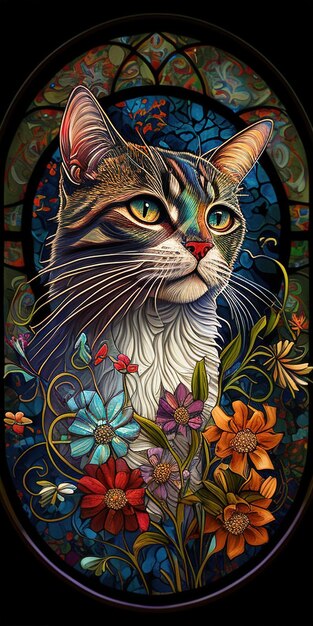 The cat on stained glass illustration depicts a feline figure surrounded by colorful and intricate stained glass patterns The image evokes a sense of elegance and mystery