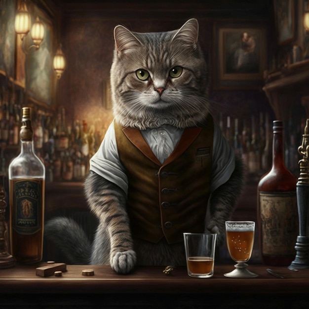 Кот стоит за барной стойкой с бутылкой виски на ней.