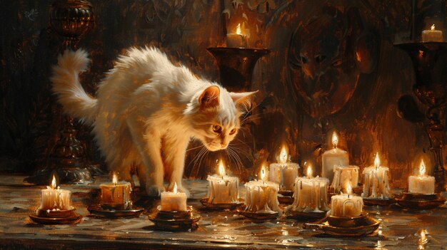 Photo a cat standing in front of a candle that has the word cat on it