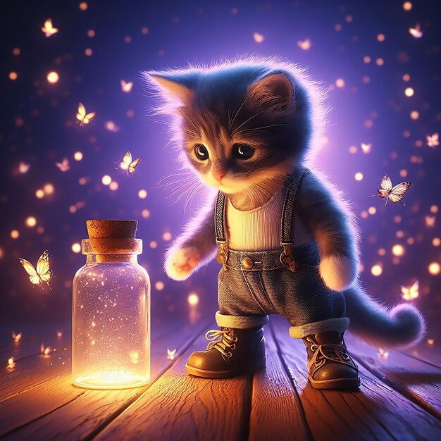 A cat standing next to a glass bottle with butterflies flying around it