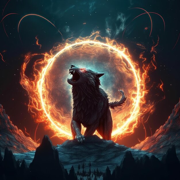 A cat standing on top of a rock in front of a circle of fire Generative AI image