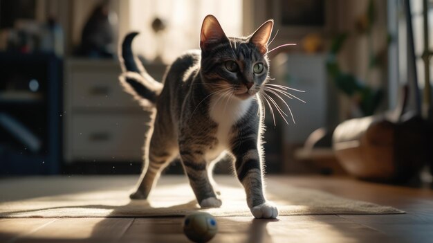 A cat stands on a floor in front of a ball