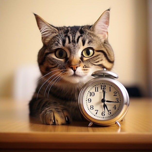 Photo cat staring at alarm clock