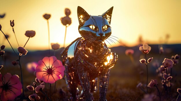 A cat statue in a field of flowers with lights on it