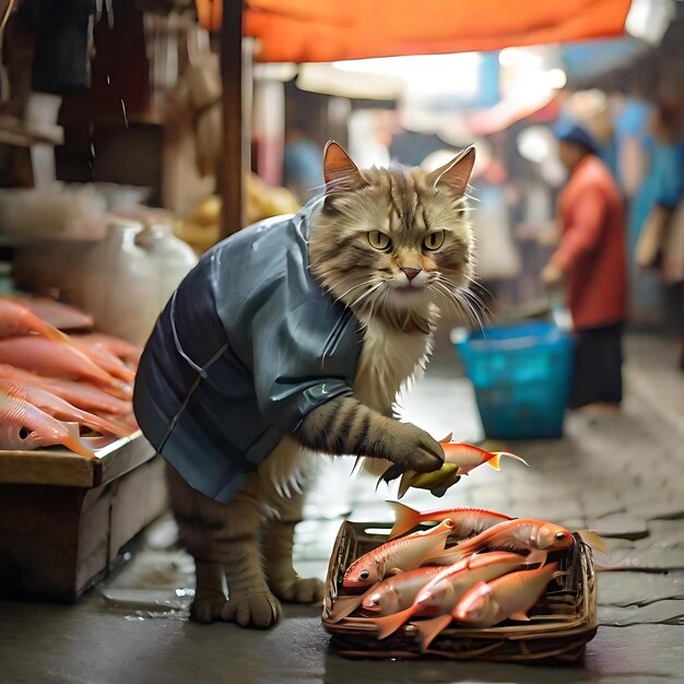 Photo cat stealing fish from market ai