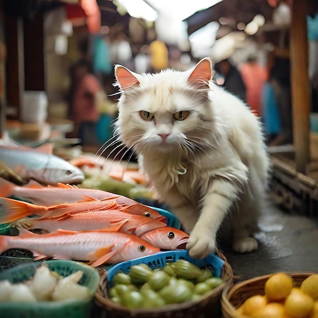 Photo cat stealing fish from market ai