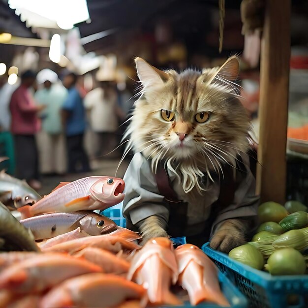 Photo cat stealing fish from market ai