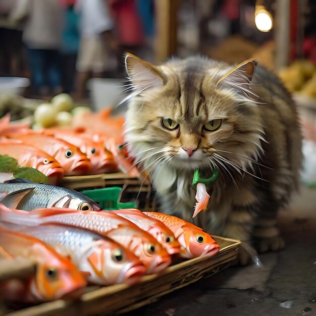 Photo cat stealing fish from market ai