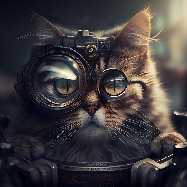 Cat in steampunk helmet and glasses Photo in retro style