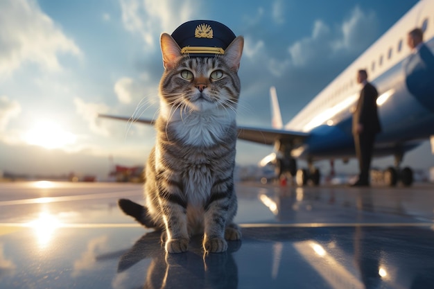 空港でスチュワーデスのスーツを着た猫