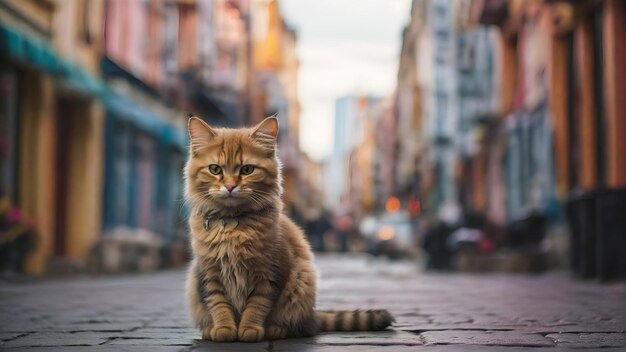 Photo cat on the street cute pet alone in town stray homeless animal