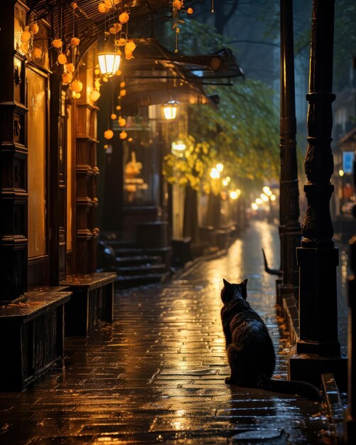 cat in the street darkness humidity rain alone abandoned