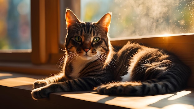 Photo cat stretched out in the sun in the window