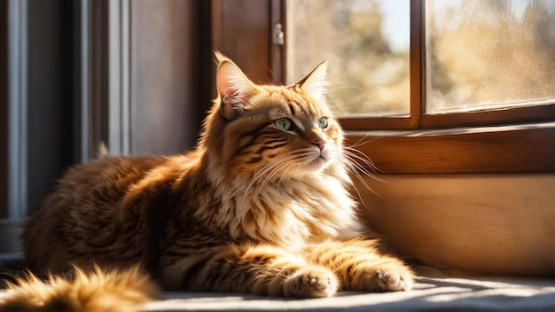 Cat stretched out in the sun in the window