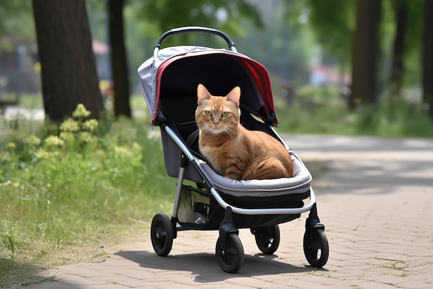 Foto gatto in un passeggino per animali domestici in una passeggiata nel parco