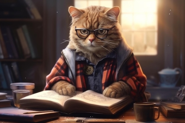 A cat student in glasses reading books