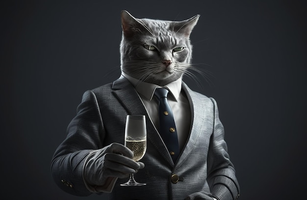 A cat in a suit holds a glass of champagne