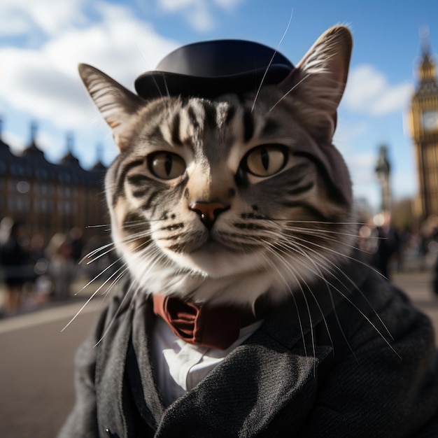 スーツを着た猫の超現実的な画像を閉じる