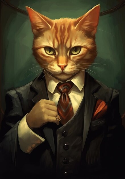 A cat in a suit mafia holding a zigar in the style of Tamar white background White background HD Pho