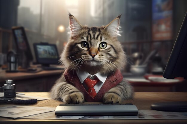 A cat in a suit sits at a desk in front of a computer screen that says'cat '