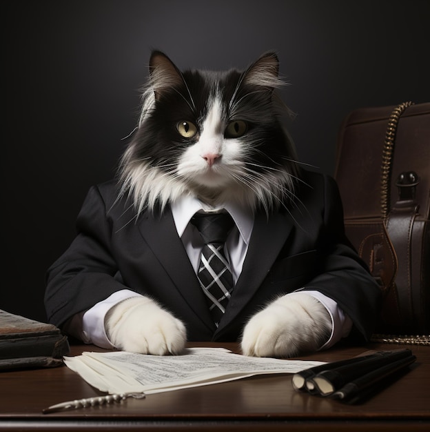 a cat in a suit sits at a desk with a book and a pen on it.