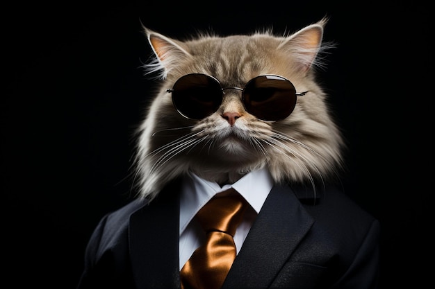 Cat in Suit and Sunglasses on Black Background Generative By Ai