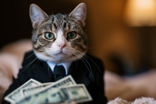 Cat in Suit and Tie Holding Money