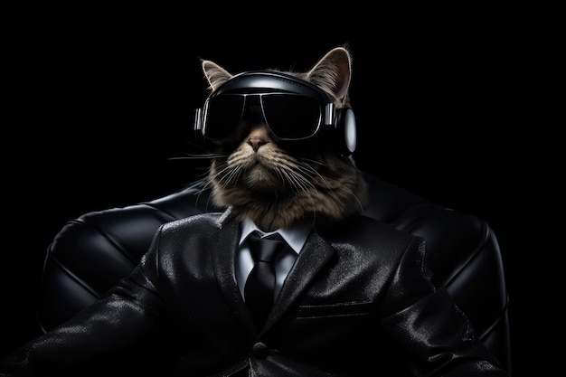 Cat In Suit And Virtual Reality On Black Background