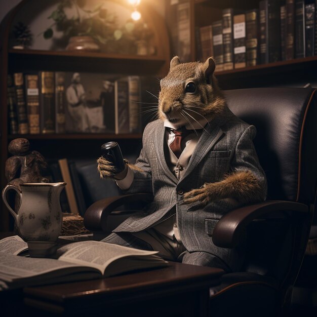 a cat in a suit with a gun in his hand sits next to a book and a book with a cat on it.