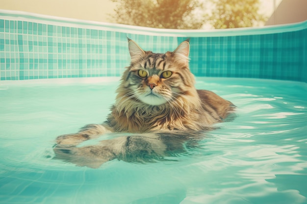 Летний бассейн для отдыха с котом Generate Ai