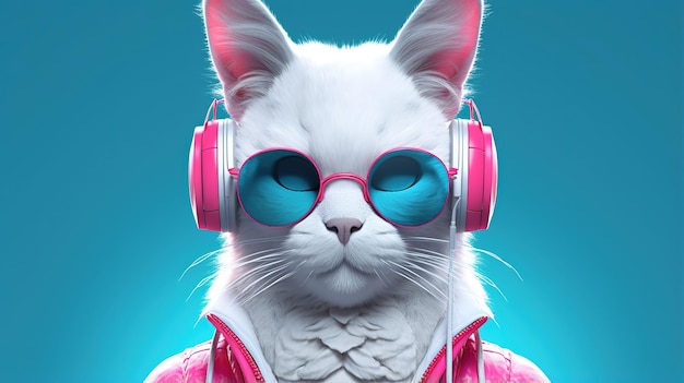 Cat in sunglasses and headphones listening to music in neon night city