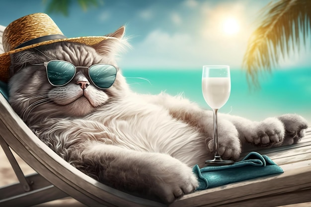 Кот в солнцезащитных очках держит стакан молока на морском пляже, домашнее животное расслабляется в отпуске генеративный ИИ