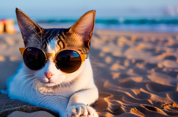 A cat in sunglasses lies on the sand on the beach during sunset Generative AI