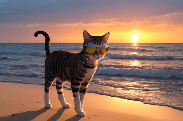 A cat in sunglasses lies on the sand on the beach during sunset Generative AI