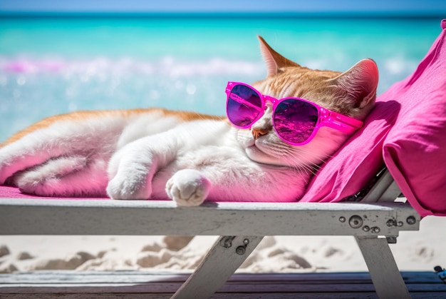 Cat in sunglasses lying sunbathing on the beach