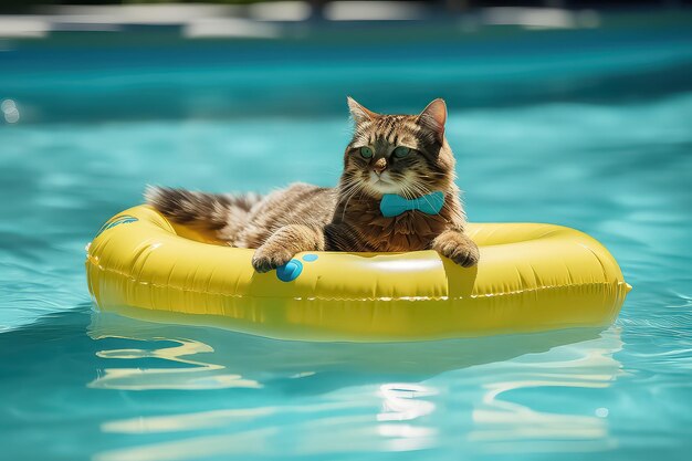 cat in sunglasses resting in the pool