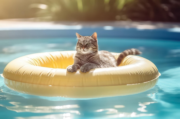 Cat in sunglasses resting in the pool