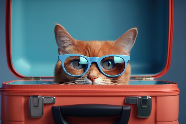 Cat in sunglasses sitting in a suitcase Generative AI